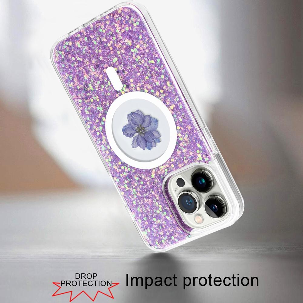 iPhone 15 Pro Real Flower Epoxy Glitter Hybrid Case – Magnetic Ring Circle Design, photo 10 of 12