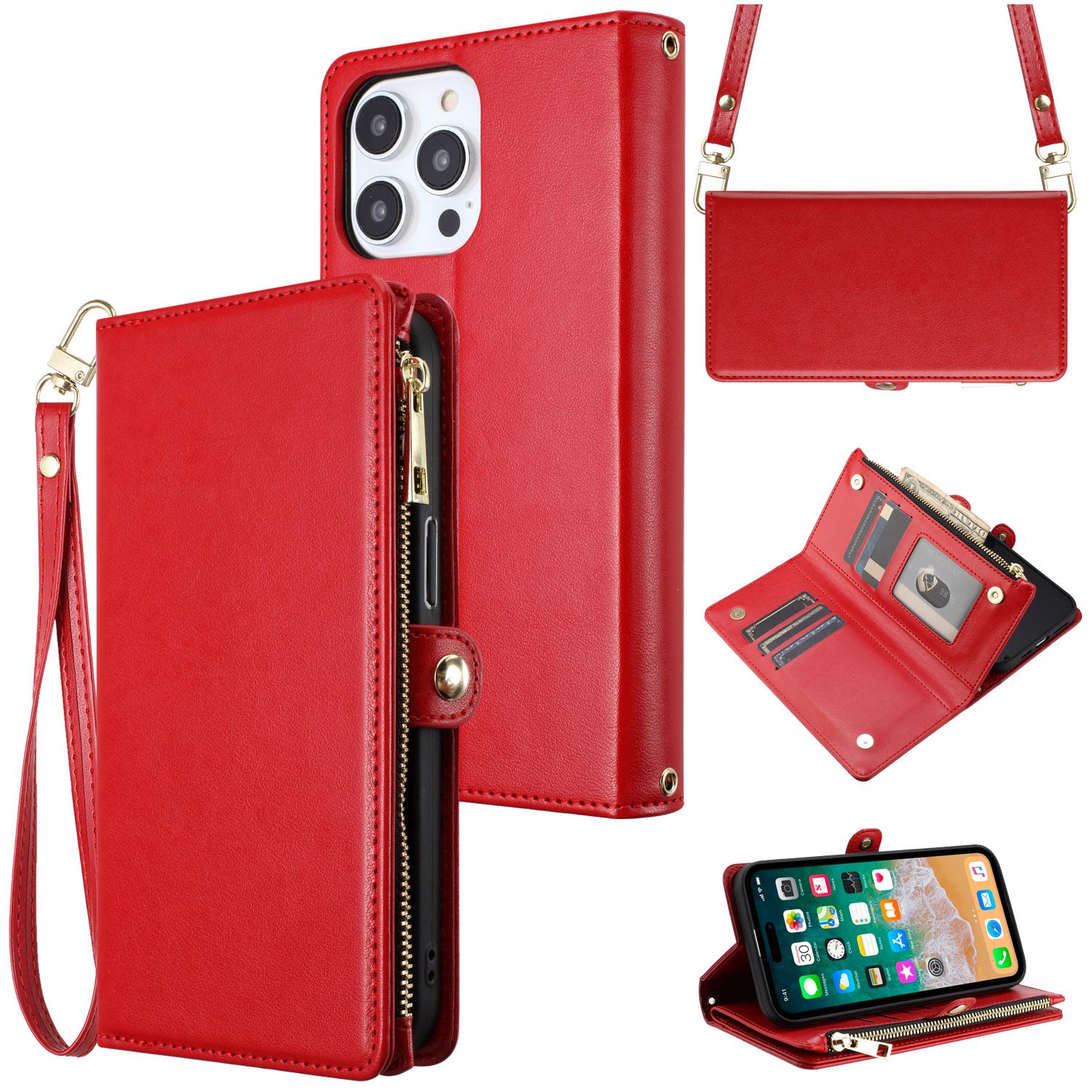  iPhone 15 Purse Style Wallet Card ID Money Holder with Zip containing Long & Short Lanyard - Red product