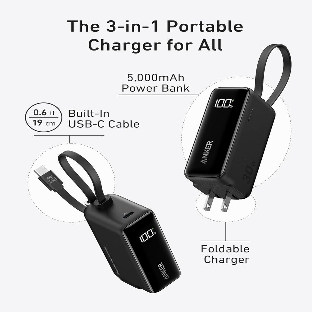 ANKER 5K MAH 30W FUSION POWER BANK W/ BUILT-IN USB-C CABLE & DIGITAL DISPLAY - BLACK