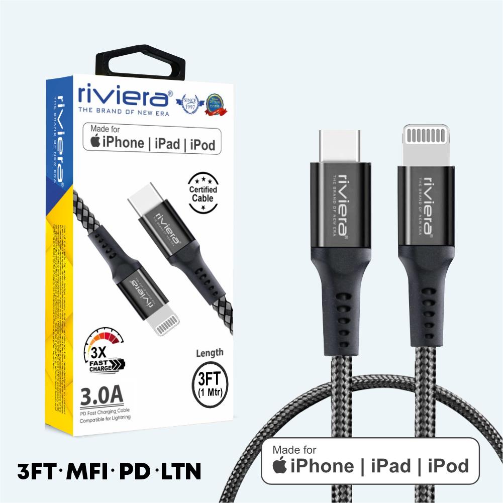 3 Feet [Type C (PD) - iPhone Lightning - MFI] - 3 AMP Fast Charging RIVIERA - BLACK