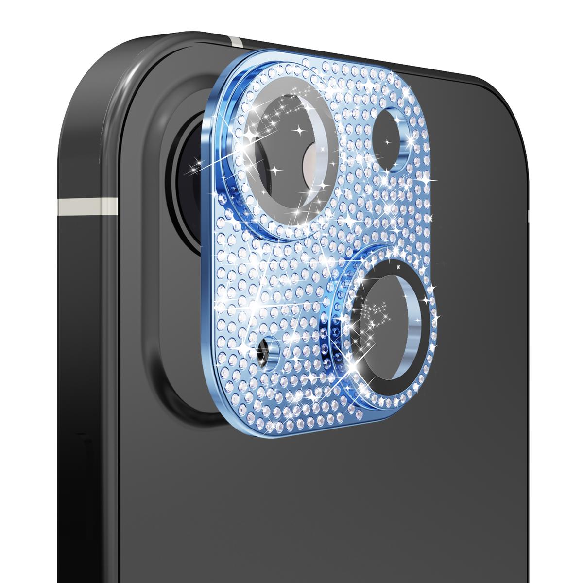 Apple iPhone 14 6.1"/iPhone 14 Plus 6.7" Diamond Bling Camera Lens Full Tempered Glass - Blue
