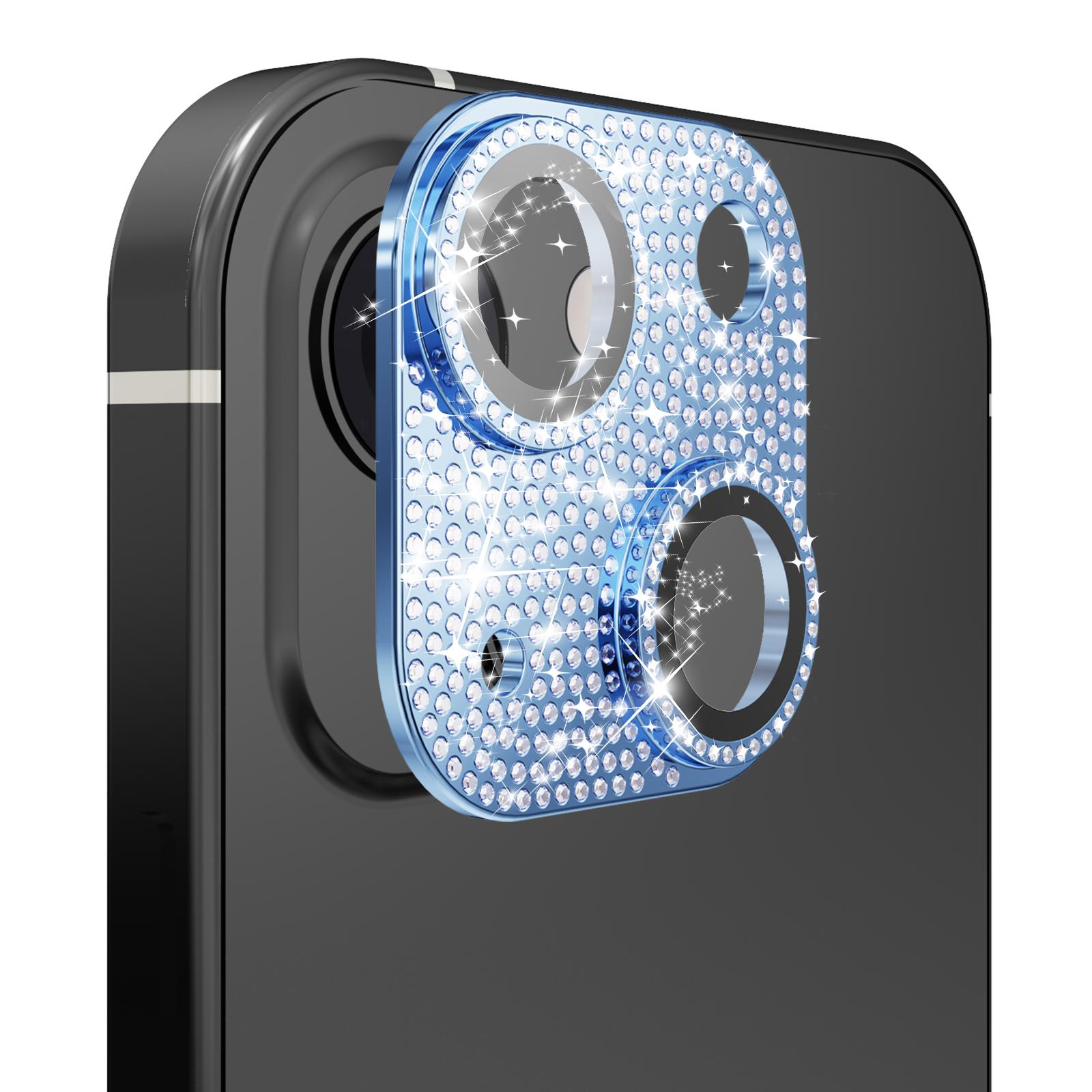 Apple iPhone 14 6.1"/iPhone 14 Plus 6.7" Diamond Bling Camera Lens Full Tempered Glass - Blue