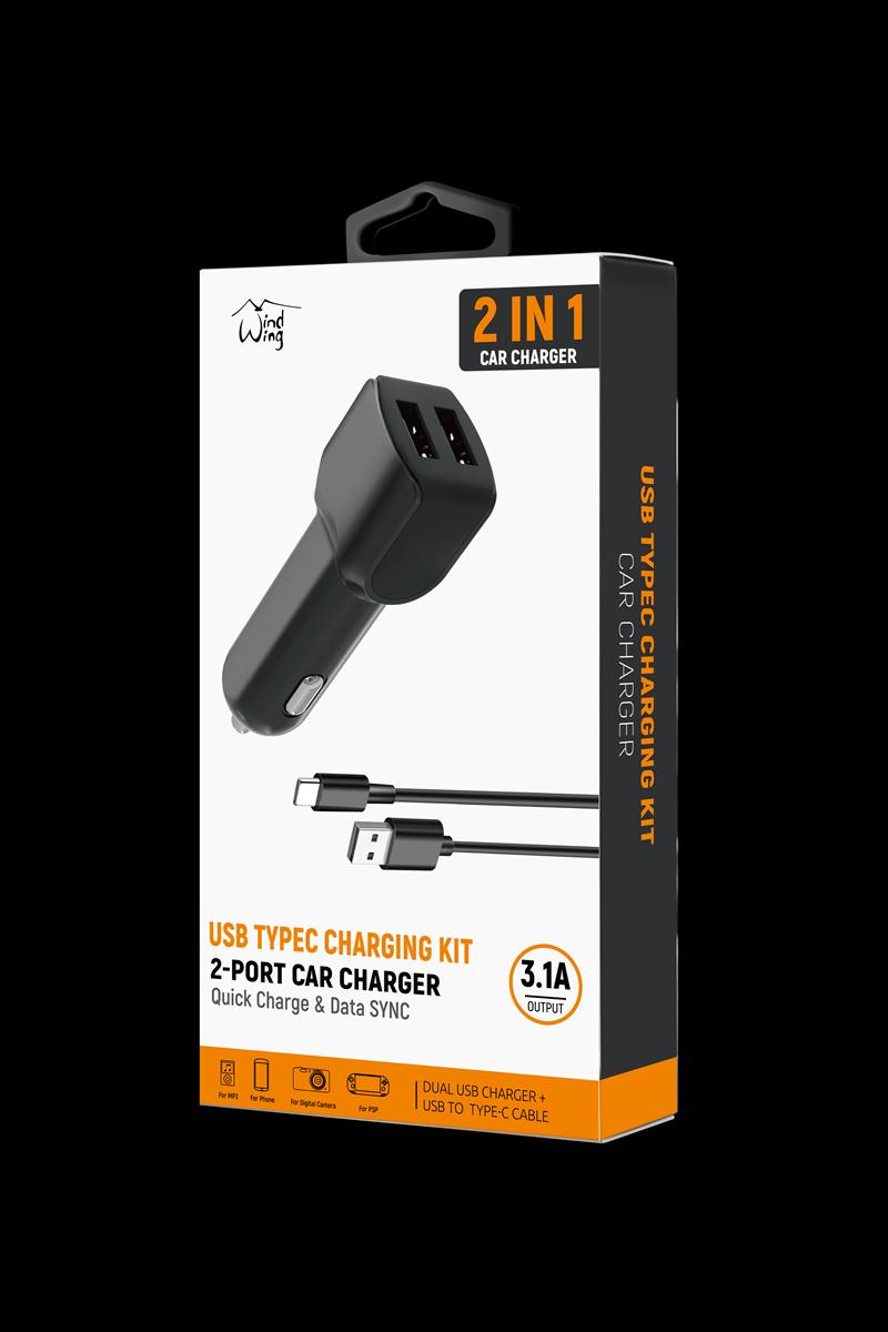 2 in 1 Fast Car Charger with dual USB ports and Type-C Cable Cord in Black (New Package)
