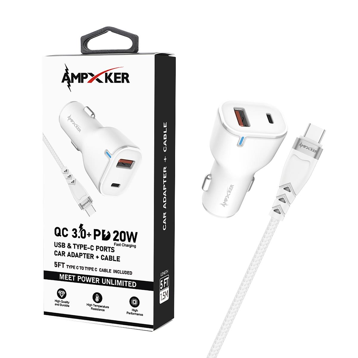 CAR COMBO - USB & Type C - Dual Port - Adapter-White