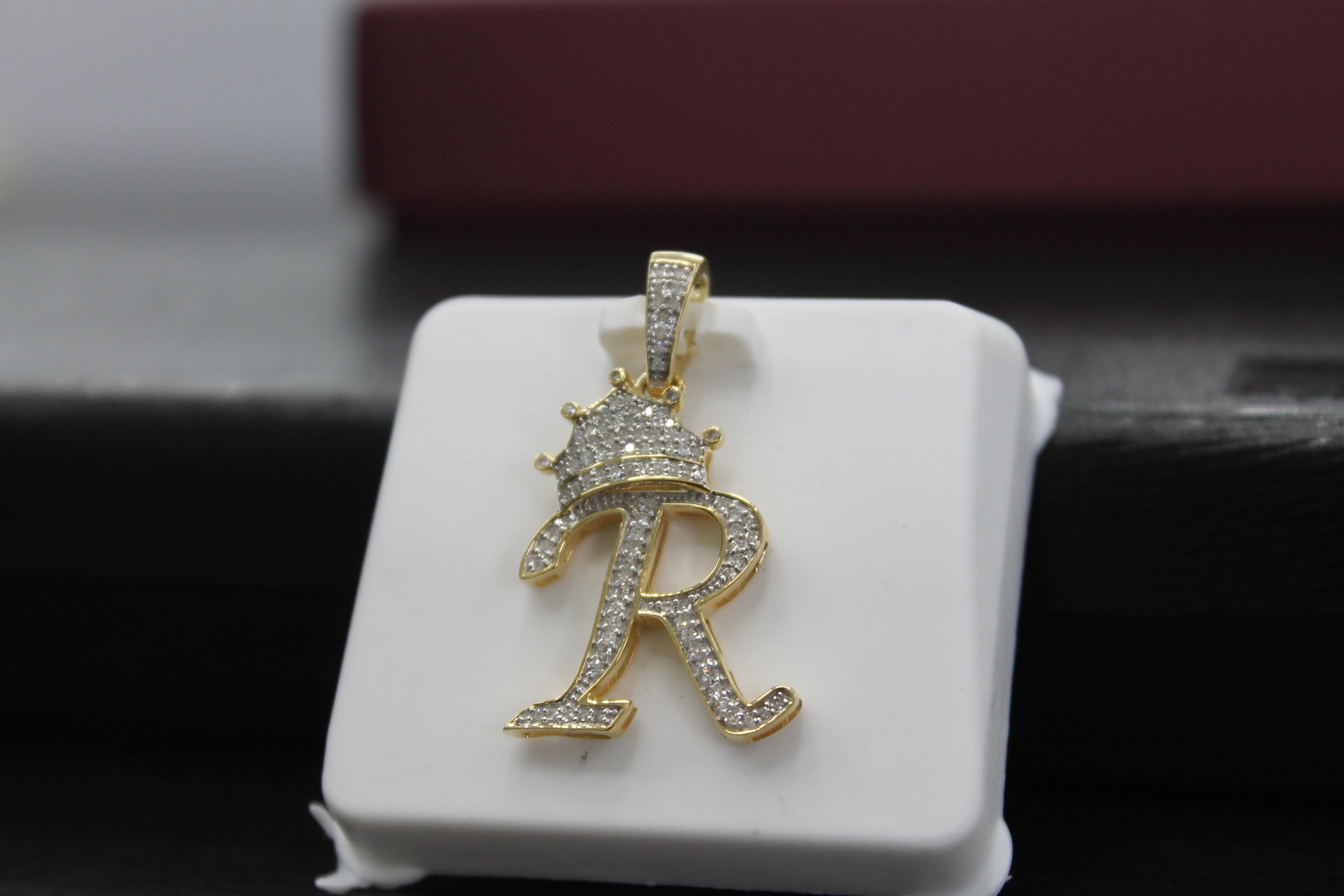 10K Gold With Natural Diamonds Minimalist Initial R Crown Pendant