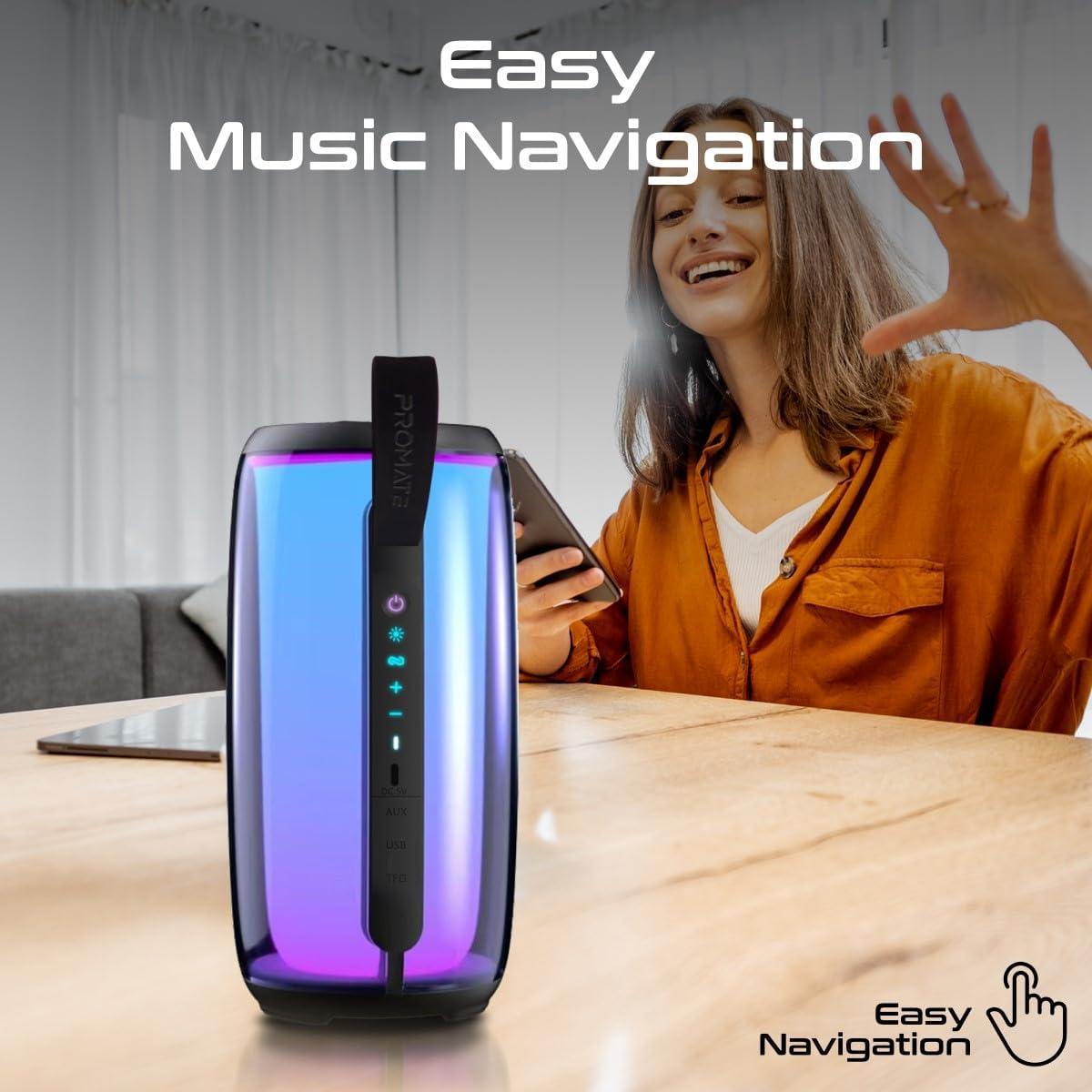 Promate Bluetooth Speaker, Premium 8W True Wireless Portable HD Speaker with RGB Lights, Bluetooth v5.3, Long Playtime, Quick Music Navigation, Water-Resistance, USB Port and TF Card Slot, LumiTower, photo 4 of 6