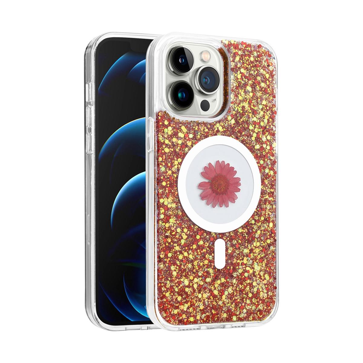 iPhone 14 Pro Max 6.7" Magnetic Ring Circle Real Flower Epoxy Glitter Hybrid Case Cover – Elegant Floral Design with MagSafe Support, photo 4 of 5