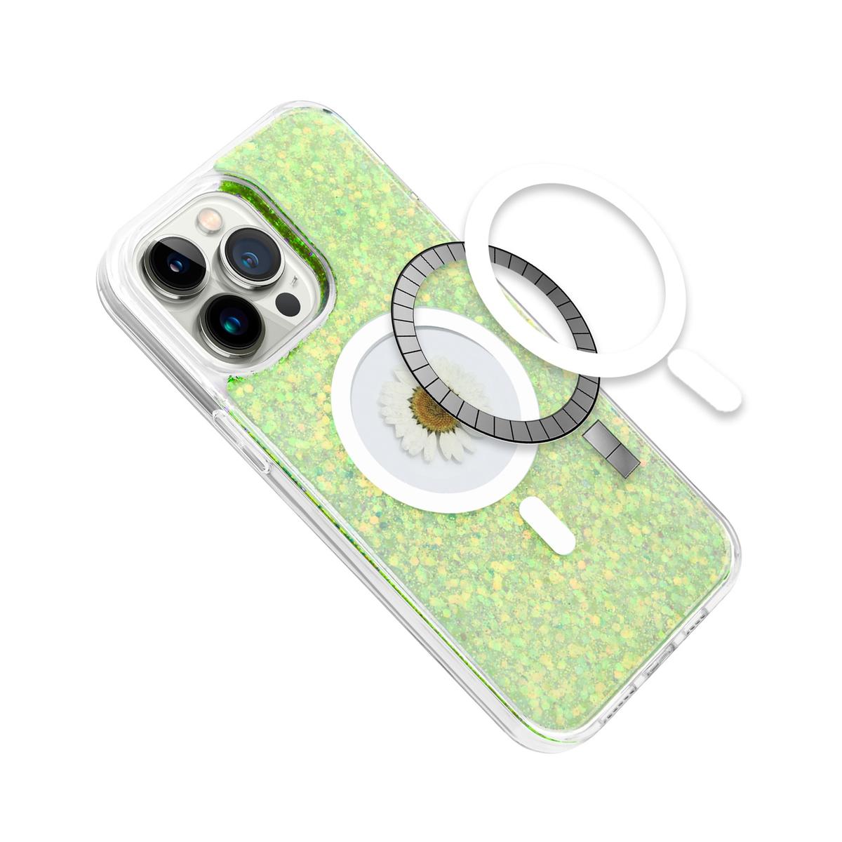 iPhone 14 Pro Max 6.7" Magnetic Ring Circle Real Flower Epoxy Glitter Hybrid Case Cover – Elegant Floral Design with MagSafe Support, photo 2 of 5
