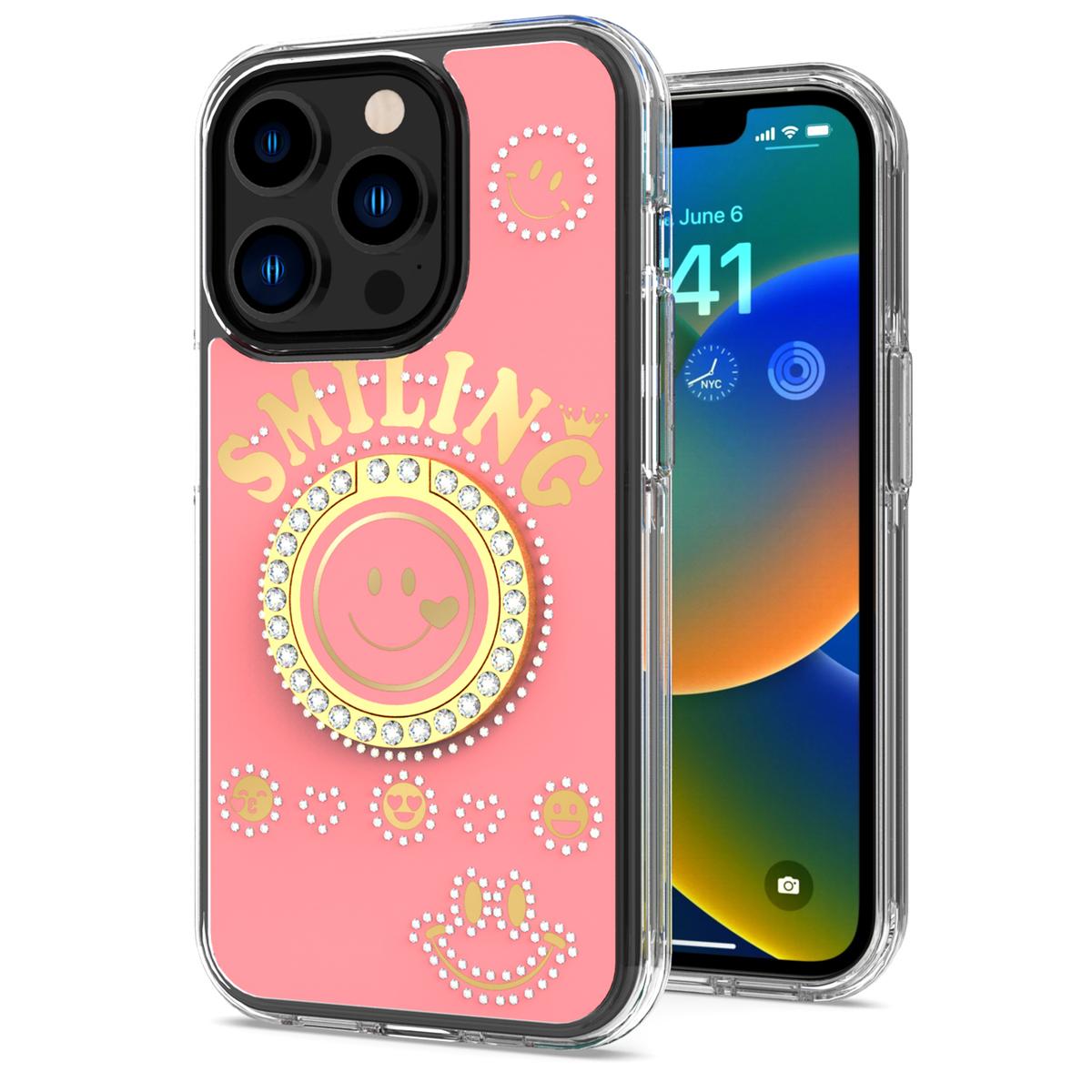 iPhone 15 Smiling Glitter Ornament Bling With Ring Stand Hybrid Case Cover - Pink