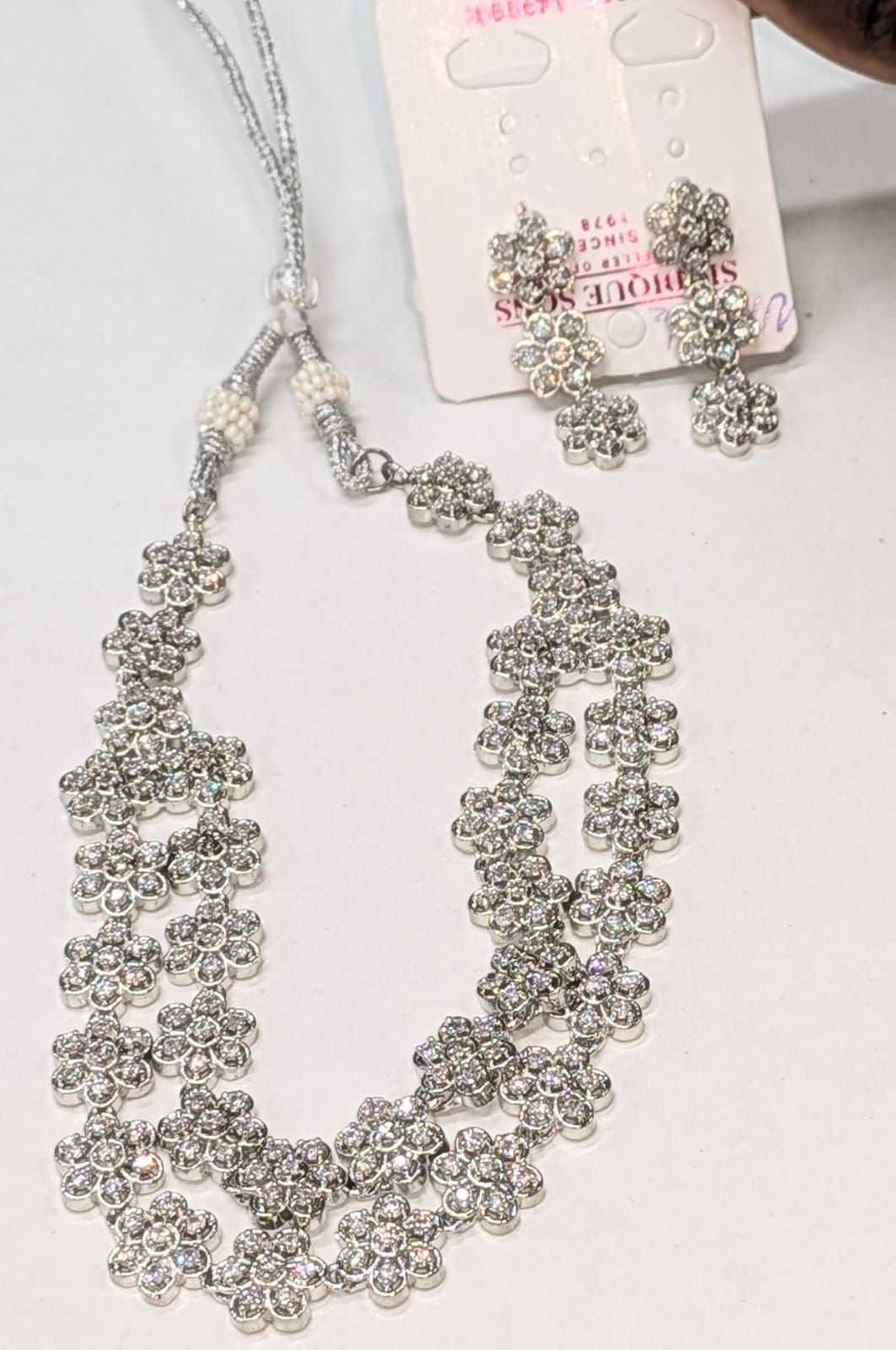Necklace Earrings Luxury Jewelry Set Silver Plated Inlaid Rhinestone Double Layer With Flower Design Engagement Wedding Jewelry