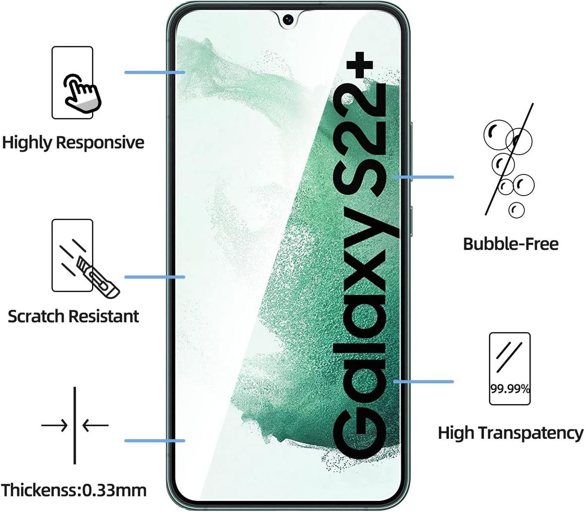 Pack of 3 Samsung Galaxy S22 Plus Tempered Glass Screen Protectors – Case Friendly, HD Clear & Bubble-Free Application, photo 2 of 4