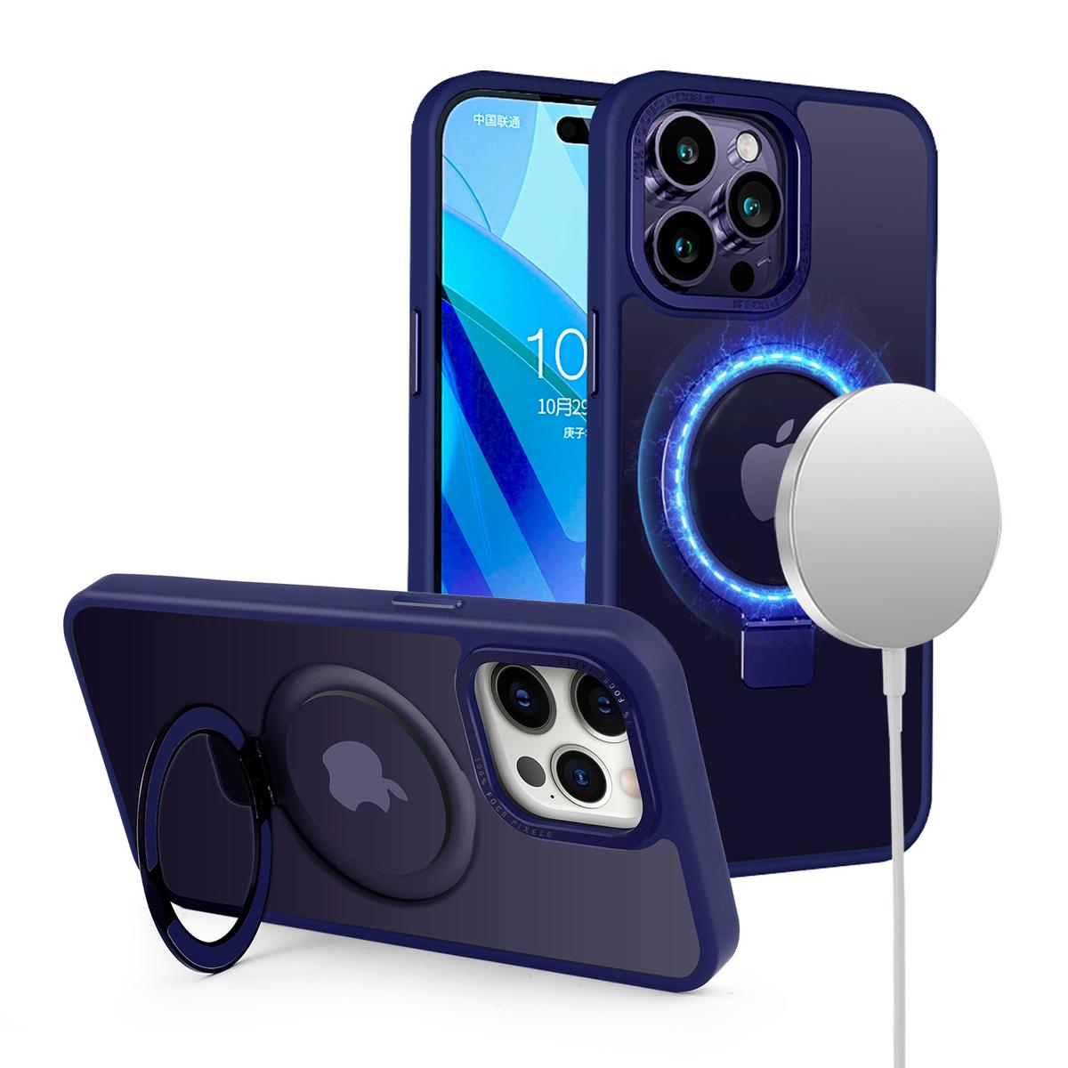 iPhone 15 Metal Chrome Kickstand [Magnetic Circle] Shockproof Matching Camera Hybrid - Navy Blue