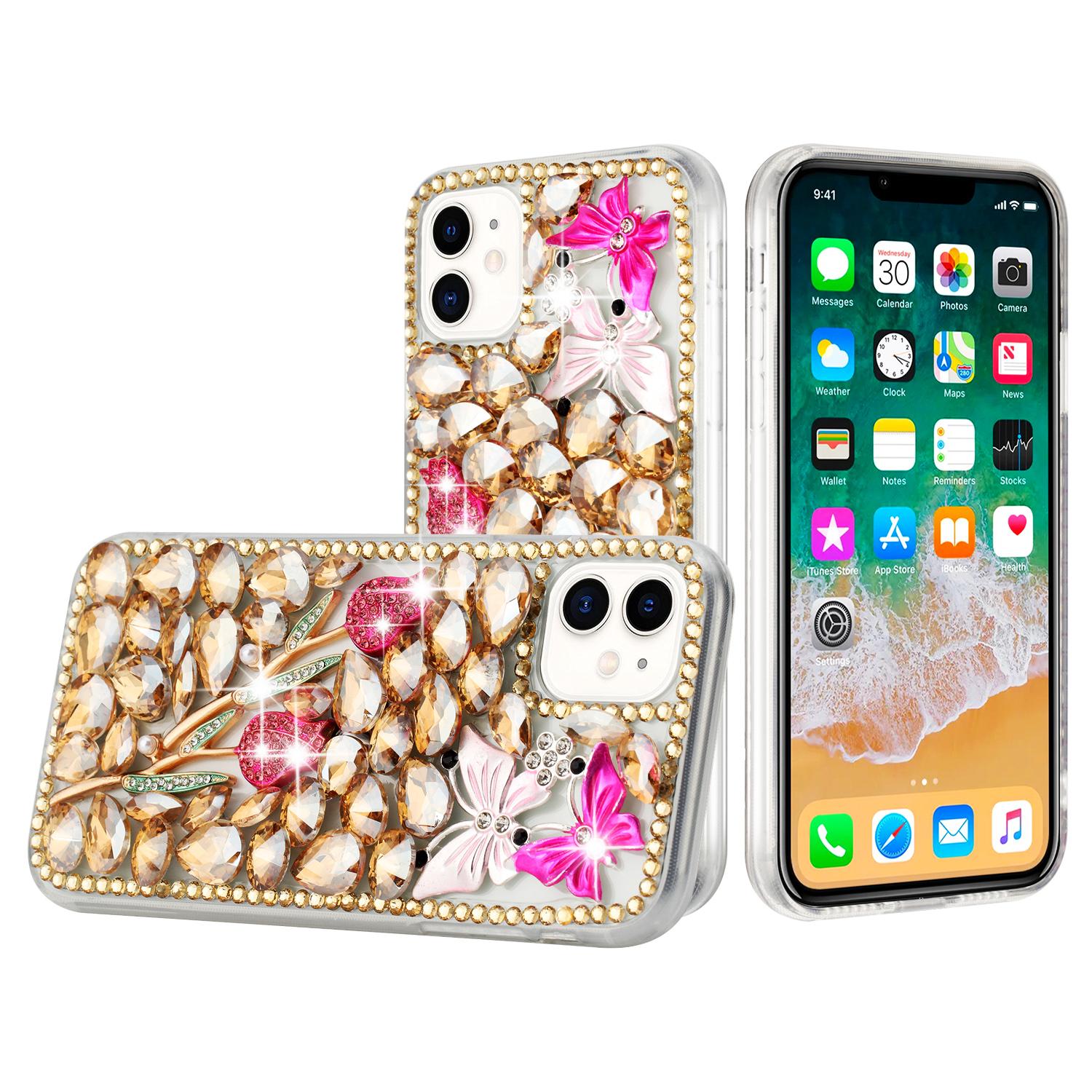 iPhone 15 Full Diamond with Ornaments Case Cover - Gold Exquisite Garden