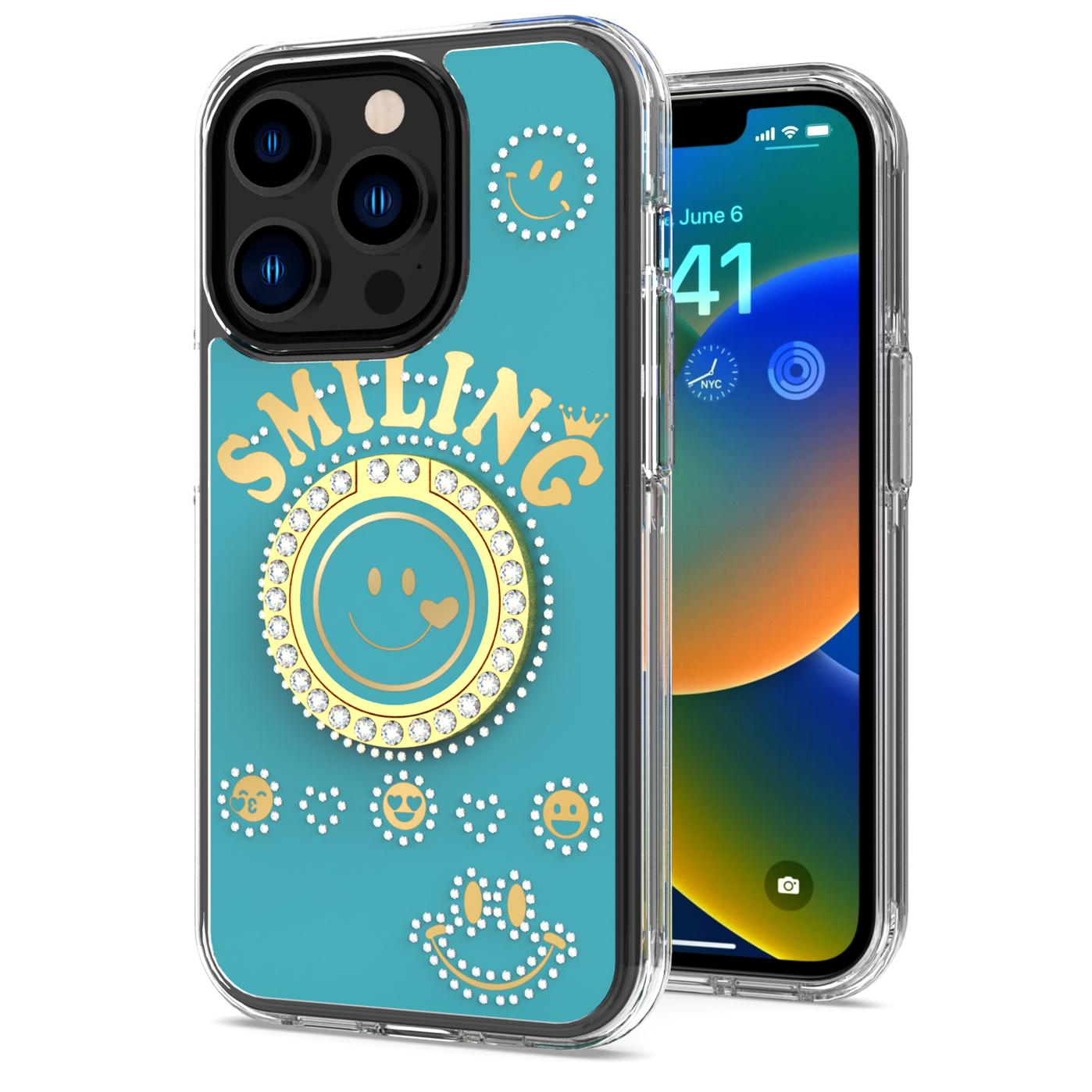iPhone 15 Smiling Glitter Ornament Bling With Ring Stand Hybrid Case Cover - Blue