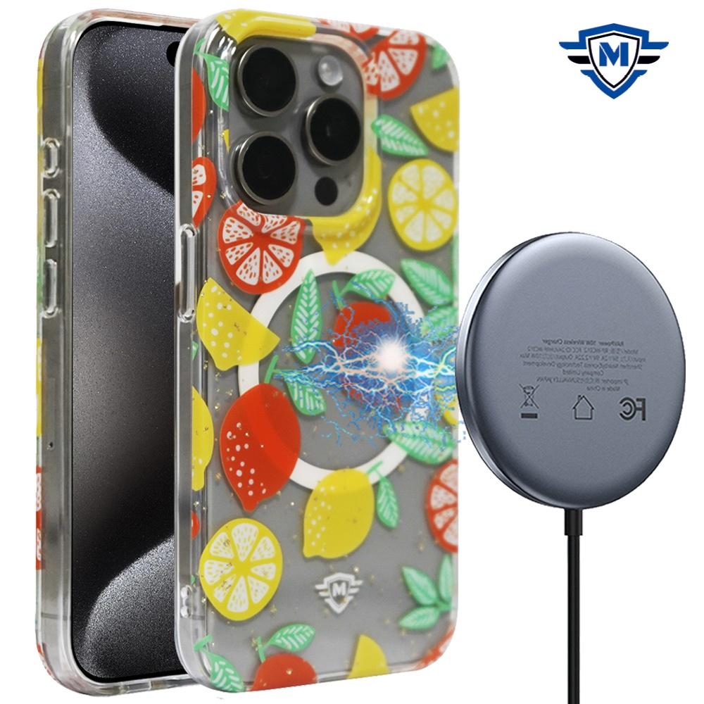 iPhone 15 METKASE Floral Design [Magnetic Circle] Transparent Hybrid - Lemon Pattern