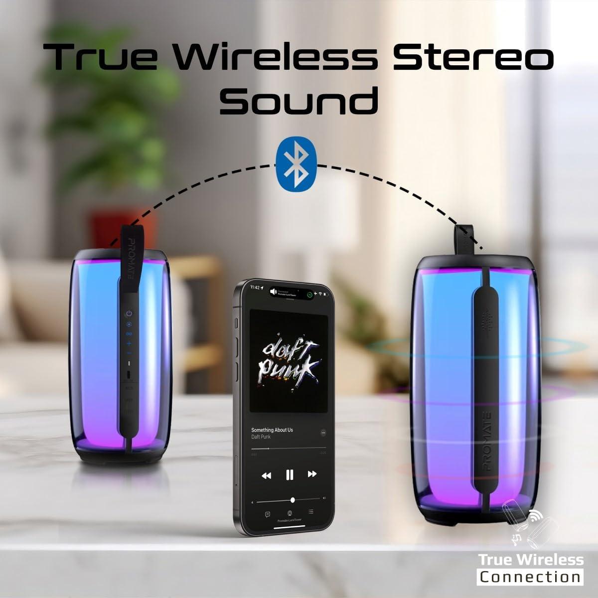 Promate Bluetooth Speaker, Premium 8W True Wireless Portable HD Speaker with RGB Lights, Bluetooth v5.3, Long Playtime, Quick Music Navigation, Water-Resistance, USB Port and TF Card Slot, LumiTower, photo 2 of 6