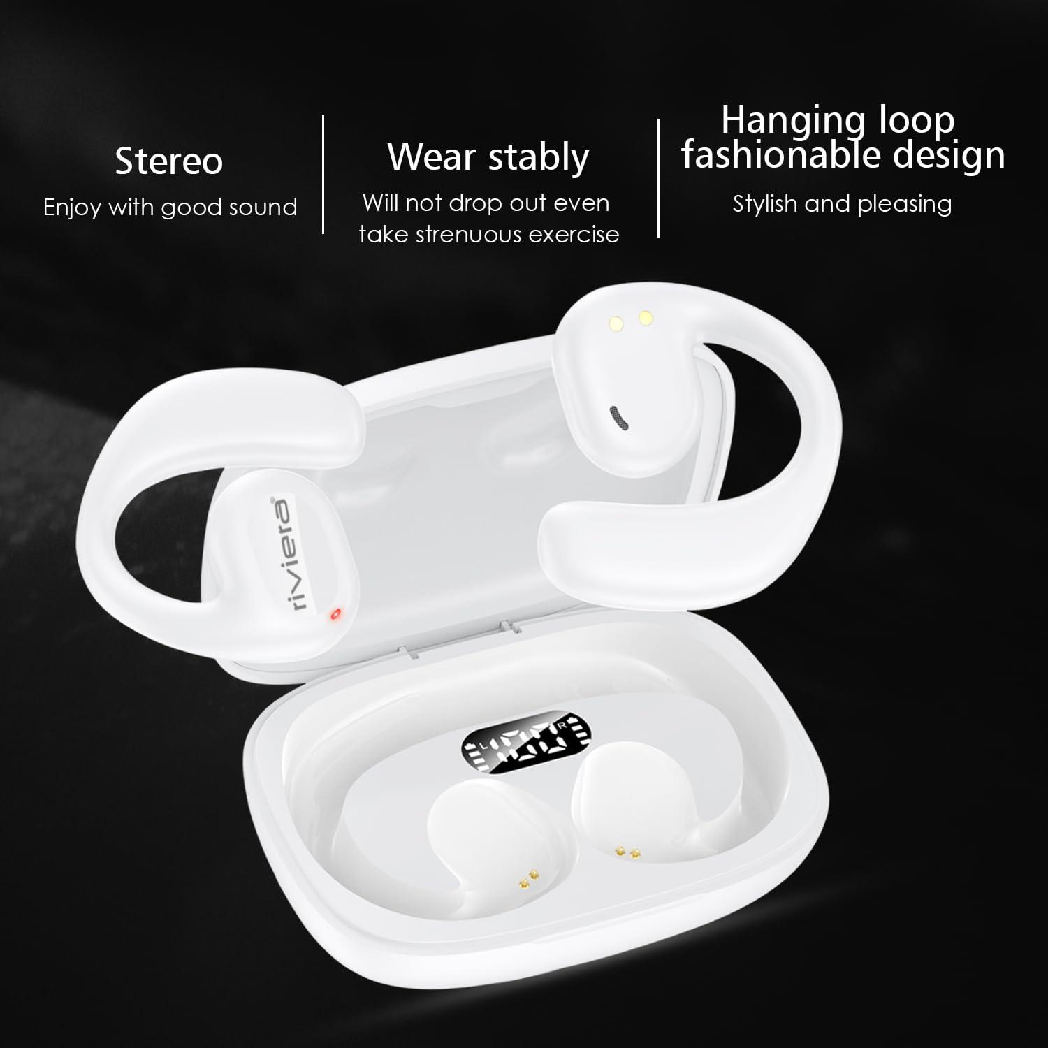 Riviera R013 Earbuds with 25H Music Playtime 5.2 Bluetooth Earbuds with Built-in Mic, IPX4 Waterproof Headset LED Display for Sport, Workouts, Running, Cycling(White)
