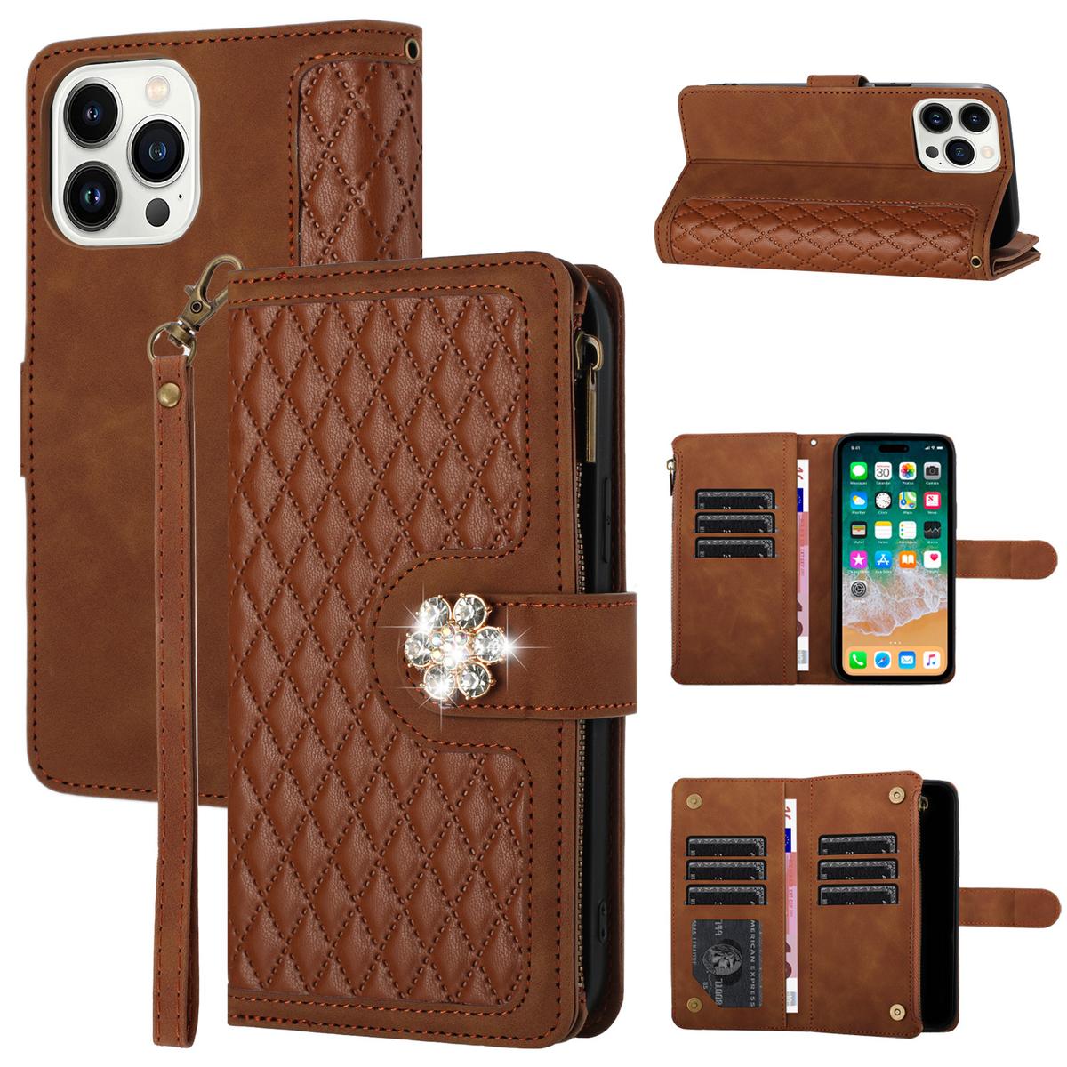 iPhone 15 Jewel Wallet Design with Stitched PU Leather ID Card Money Holder Zipper Case - Brown