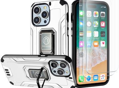  iPhone 15 Strong Tough Metallic Design Hybrid Premium Kicstand + 3X Tempered Glass - Silver product
