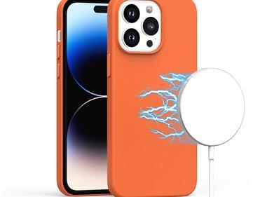 iPhone 15 PU Leather with inner [Magnetic Circle] Colored Metal Buttons - Orange product