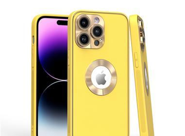 iPhone 15 Disc Chrome Circle With Chromed Tempered Glass Screen Protector PU UV Leather Case - Yellow product
