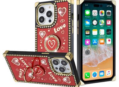 iPhone 15 Square Passion Hearts Bling Glitter Love Design Ring Stand Case Cover - Red product