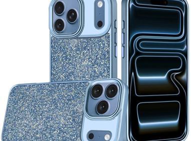  Apple iPhone 18 Pro Max Crystal Glass Diamond with Metallic Buttons and Edges Hybrid Case - Light Blue product
