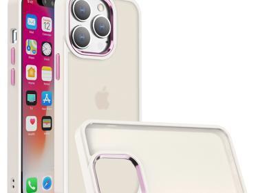 For iPhone 13/14 Polished Oil Thick Acrylic Metal Button Hybrid Case Cover - Beige product
