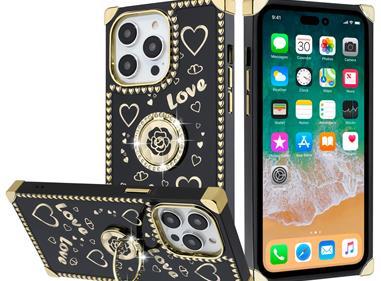 iPhone 15 SQUARE Passion Glitter Diamond Ring Stand Case Cover - BLACK CHROME H product