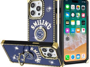 iPhone 15 Passion Square Hearts Smiling Diamond Ring Stand Case Cover - Blue product
