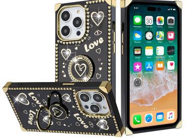  iPhone 15 Square Passion Hearts Bling Glitter Love Design Ring Stand Case Cover - Black product