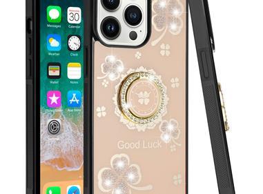 iPhone 15 SPLENDID Diamond Glitter Ornaments Engraving Case Cover - Good Luck Floral Gold product