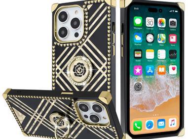 iPhone 15 SQUARE Passion Glitter Diamond Ring Stand Case Cover - BLACK CHROME product