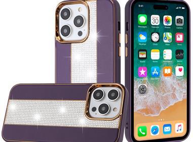 iPhone 15 Flashy Diamond Leather Sticked On Hybrid with Chrome Camera Edge - Dark Purple product
