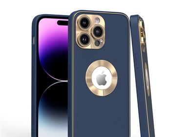  iPhone 15 Disc Chrome Circle With Chromed Tempered Glass Screen Protector PU UV Leather Case - Dark Blue product