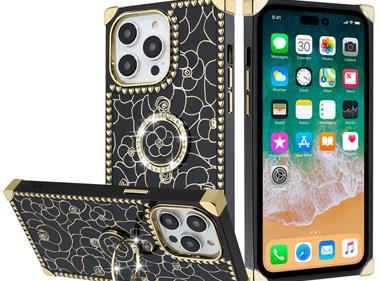  iPhone 15 SQUARE Passion Glitter Diamond Ring Stand Case Cover - Heart DesignÂ Black product