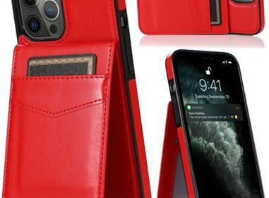  iPhone 15 Luxury Vertical Magnetic Button Card ID Holder PU Leather Case Cover - Red product