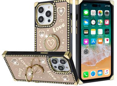 iPhone 15 Square Passion Hearts Bling Glitter Love Design Ring Stand Case Cover - Gold product