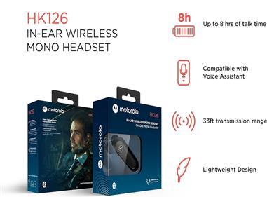 Motorola Bluetooth Earpiece - HK126 in-Ear Wireless Mono Headset for Clear Voice Calls - Lightweight, Comfortable Design - 8-Hour Talk Time, Voice Assistant Compatible, Connects to 2 Devices  product