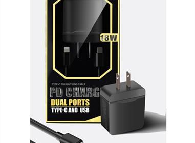 2-IN-1 18W PD Fast Type C&USB Dual Ports Wall Charger+Type C to 8 pin Cable in Black product