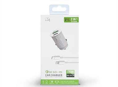 35W Fast Car charger 2 in 1 with Dual ports, C to 8 Pin cable in white product