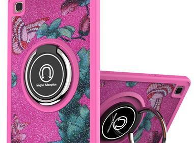  Samsung Galaxy Tab A7 10.4 inch Diamond Bling Design Tablet Magnetic Ring Stand Hybrid Case Cover - Hot Pink Floral product