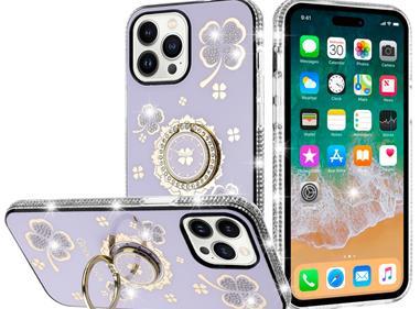 iPhone 15 Splendid Glitter with Diamonds All Around Edges Ring Stand Case Cover - Purple product