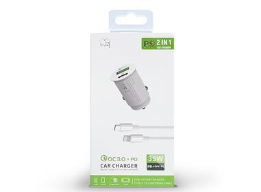 35W Fast Car charger 2 in 1 with Dual ports, C to 8 Pin cable in white product
