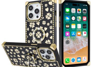  iPhone 15 SQUARE Passion Glitter Diamond Ring Stand Case Cover - Heart DesignÂ Black product