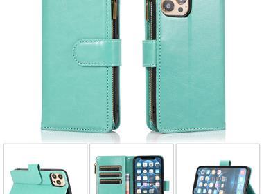  iPhone 15 Luxury Wallet Card ID Zipper Money Holder Case Cover - Teal product