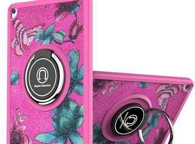 Apple iPad 9th Gen 10.2 inch (2021) Diamond Bling Design Tablet Magnetic Ring Stand Hybrid Case Cover - Hot Pink Floral product