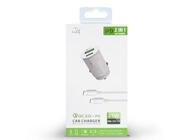 35W Fast Car charger 2 in 1 with Dual ports, C to C Cable, white product