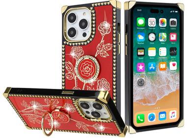  iPhone 15 Square Passion Hearts Bling Glitter Floral Ring Stand Case Cover - Red product