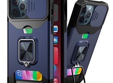 iPhone 15 Multi-Functional Card Magnetic Ring Stand Hybrid Camera Case Cover - Blue product